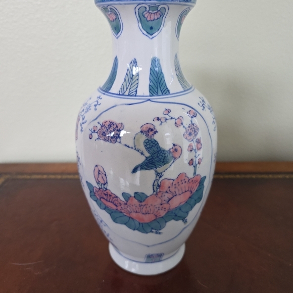 Vintage Chinoiserie ceramic vase with birds and floral motifs